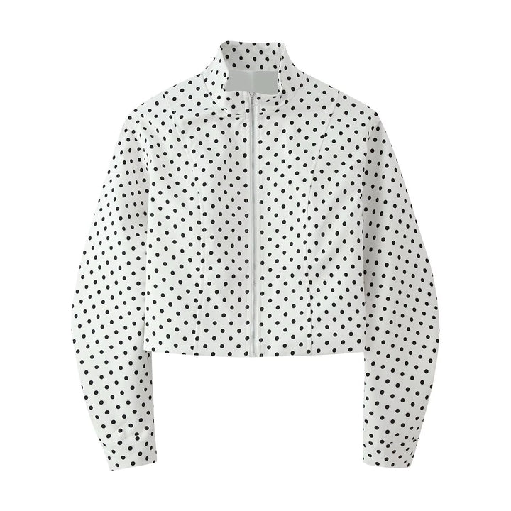 Damen Gepunktete Cropped-Übergangsjacke mit Stehkragen und Reißverschluss Echoarchiv