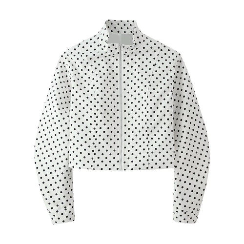 Damen Gepunktete Cropped-Übergangsjacke mit Stehkragen und Reißverschluss Echoarchiv
