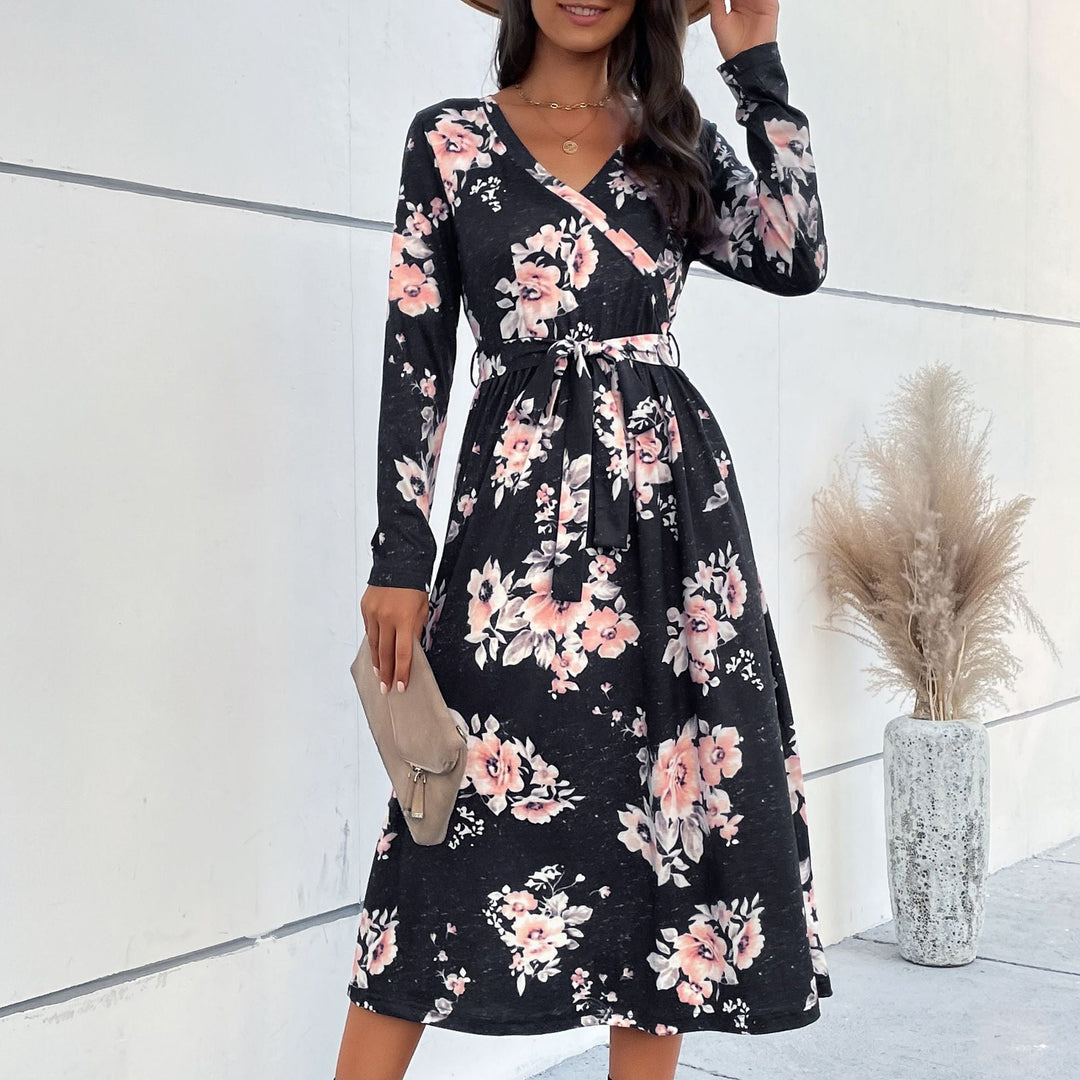 Damen Florales Wickel-Midikleid mit V-Ausschnitt, Taillengürtel und ausgestelltem Rock Echoarchiv
