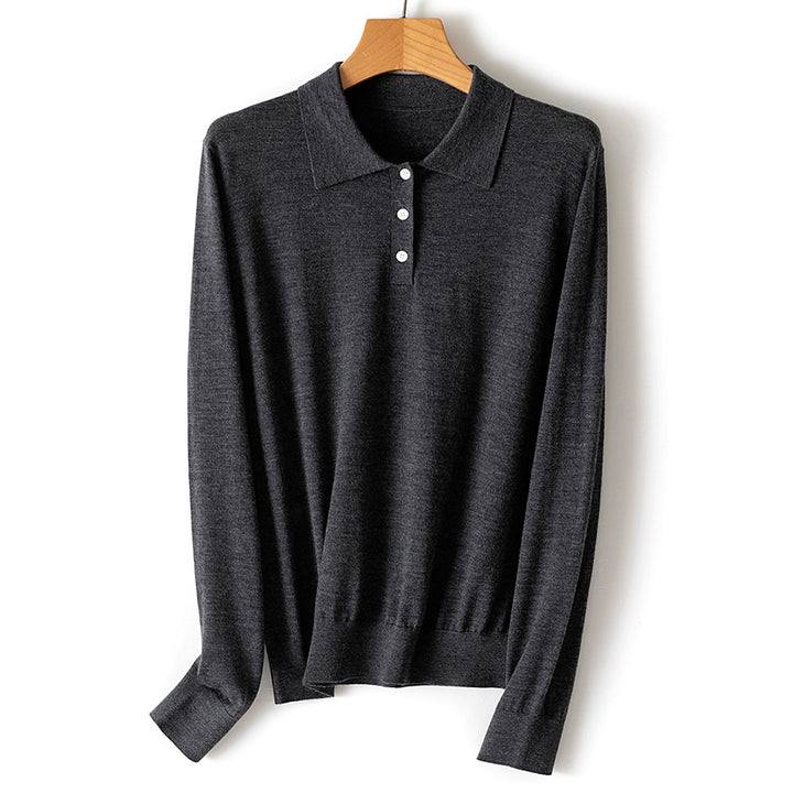 Damen Feiner Langarm-Polo-Pullover aus Feinstrick mit Knopfleiste Echoarchiv