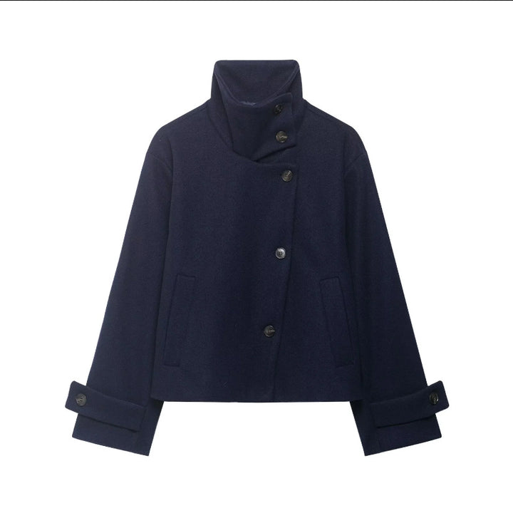 Damen Cropped Wollmix-Kurzjacke mit hohem Stehkragen, asymmetrischer Knopfleiste und Krempelmanschetten Echoarchiv