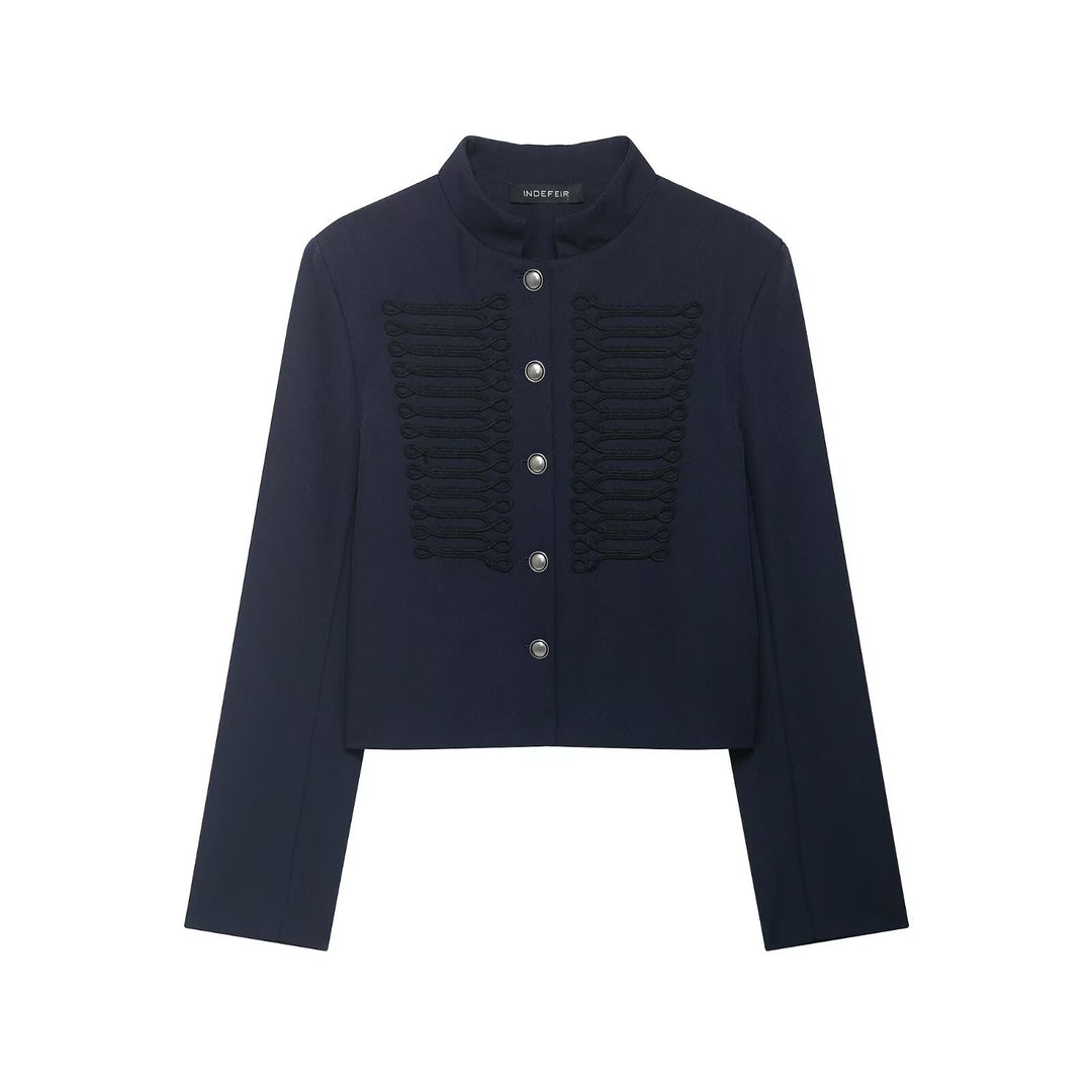 Damen Kurze Military Jacke mit Stehkragen, Zierkordeln und Metallknopfleiste Echo Archiv