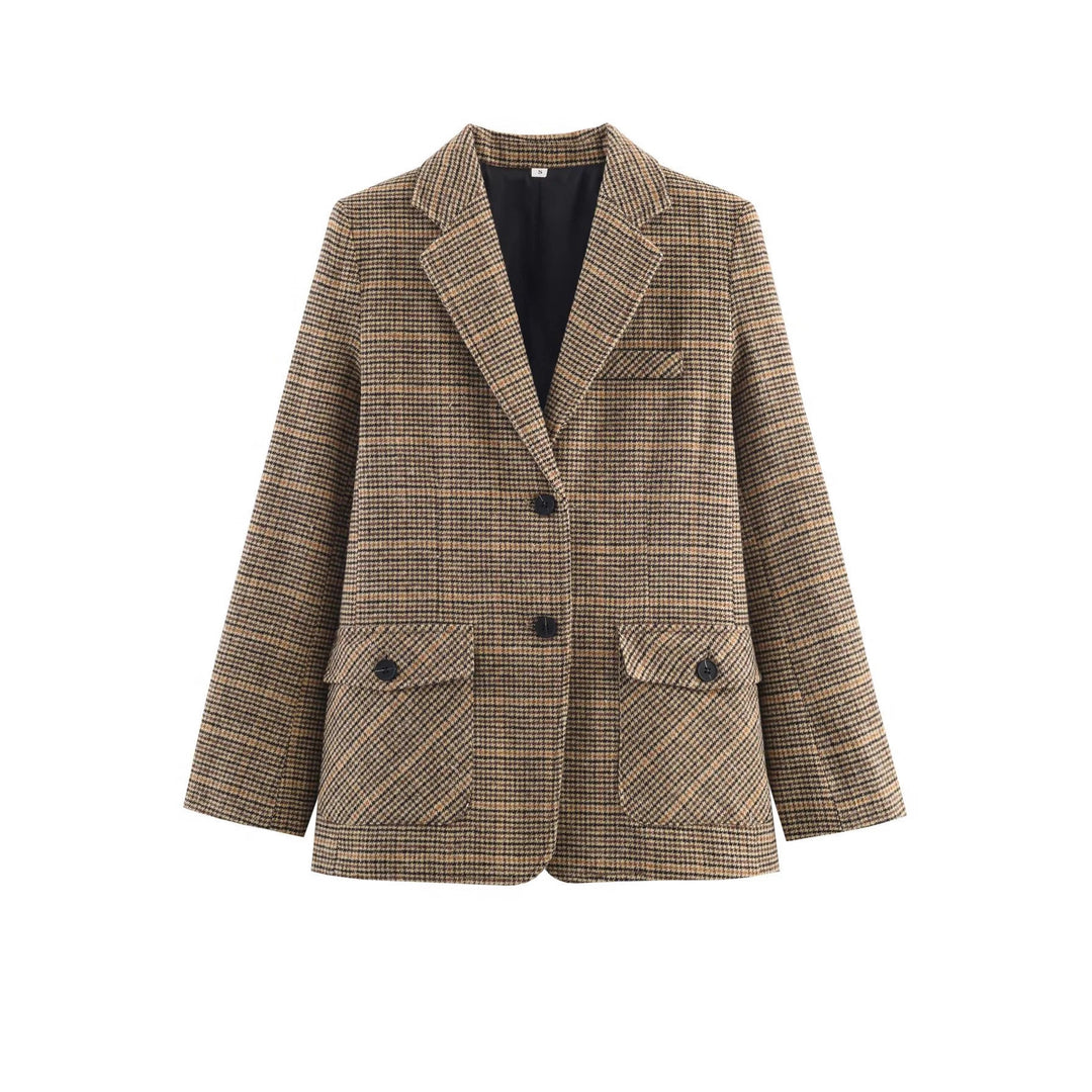 Damen nan taillierter Glencheck-Blazer mit Reverskragen und aufgesetzten Pattentaschen Echo Archiv