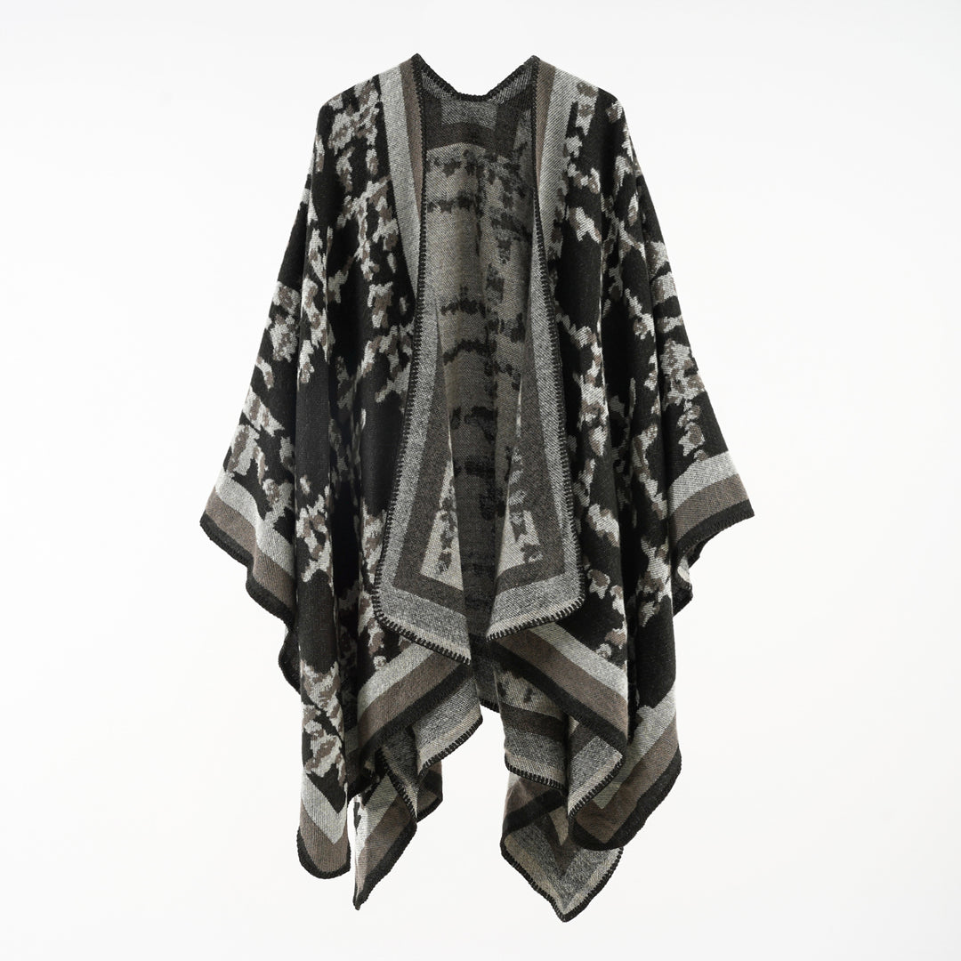 Damen Wollmix-Umhang mit jacquardgewebtem Aquarelldruck und offener Kimono-Silhouette – Montévia