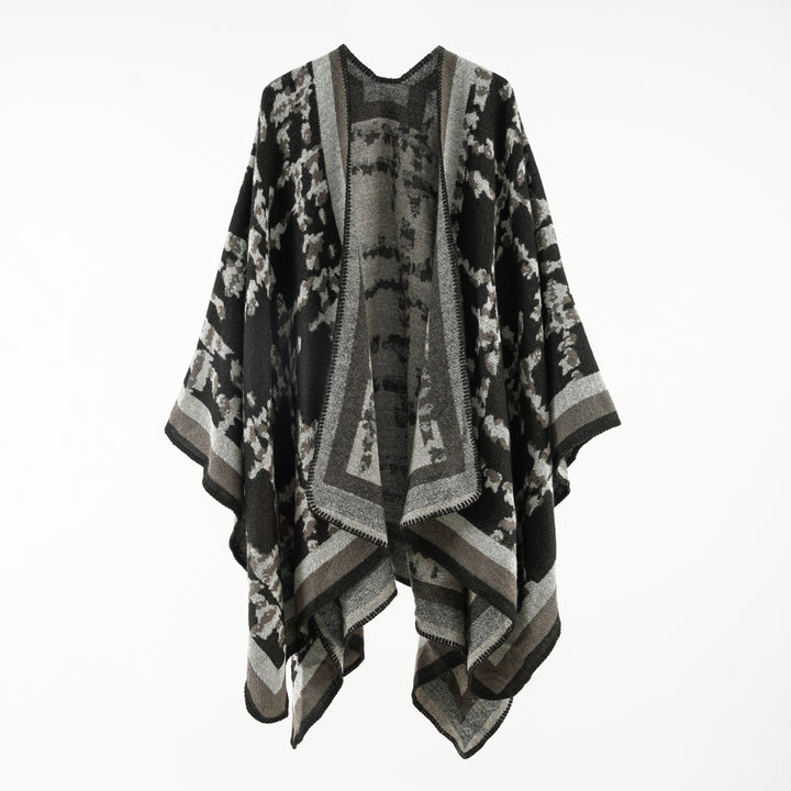 Damen Wollmix-Umhang mit jacquardgewebtem Aquarelldruck und offener Kimono-Silhouette – Montévia