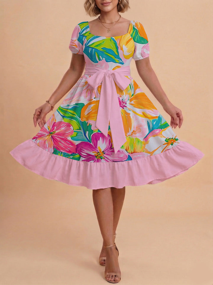 Damen Sommerkleid mit floralem Puffärmel und taillierbarem Gürtel Echo Archiv