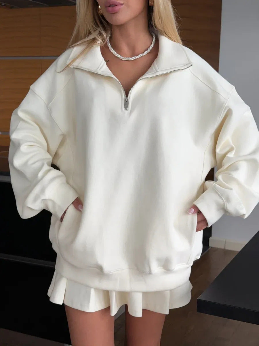 Damen Oversized Sweatkleid mit halbem Reißverschluss und Stehkragen – Avérine