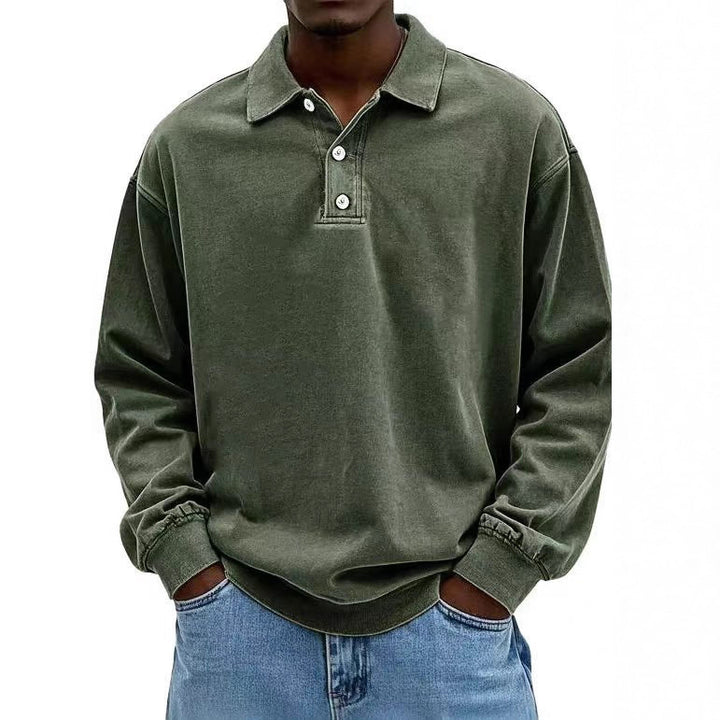 Herren nan lässiges Poloshirt-Sweatshirt mit Kragen, Vintage-Waschung und dreiteiliger Knopfleiste Echo Archiv