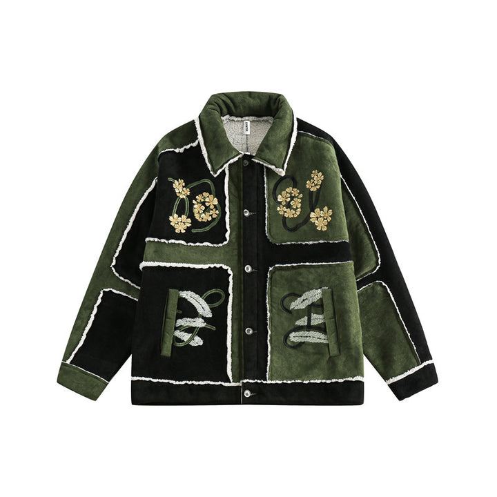 Unisex Patchwork-Lammfelloptik Jacke mit Blumenstickerei Echoarchiv