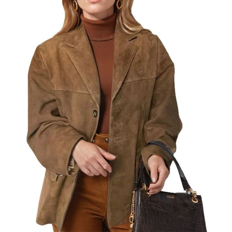 Damen nan weit geschnittene Wildlederjacke mit Reverskragen und aufgesetzten Taschen Echo Archiv