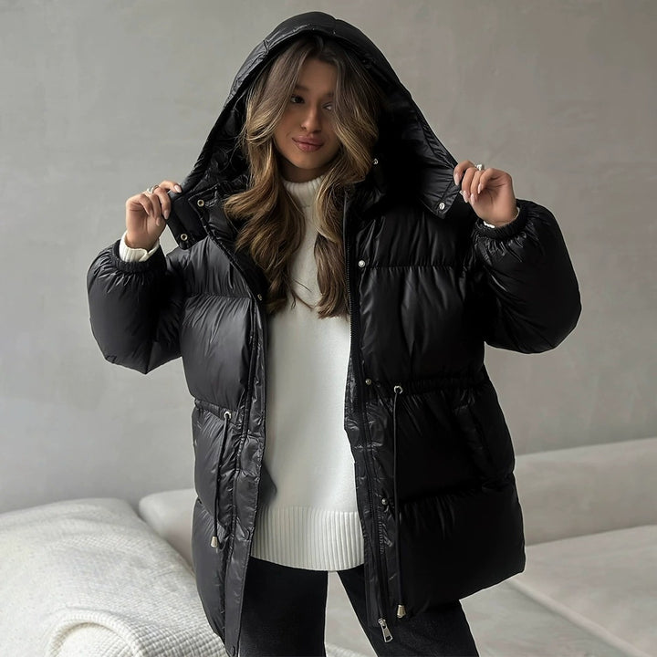 Damen gesteppte Steppjacke mit Taillenzug und Kapuze Echoarchiv