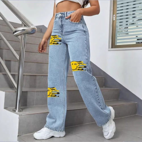 Damen hochtaillierte weite Denim-Jeans mit auffälligen Print‑Fleck‑Akzenten Echo Archiv
