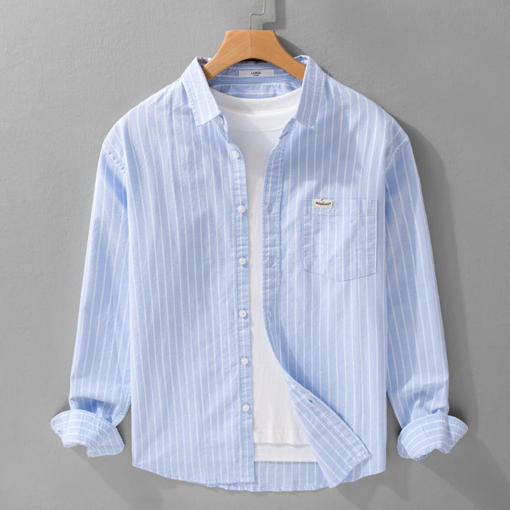 Herren Gestreiftes Layering-Overshirt aus softem Baumwollmix mit Kentkragen und aufgesetzter Brusttasche Echoarchiv