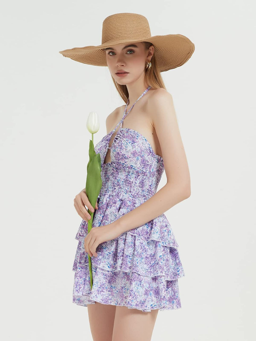 Damen Rüschenkleid mit trägerlosem Design und floralem Muster Echo Archiv