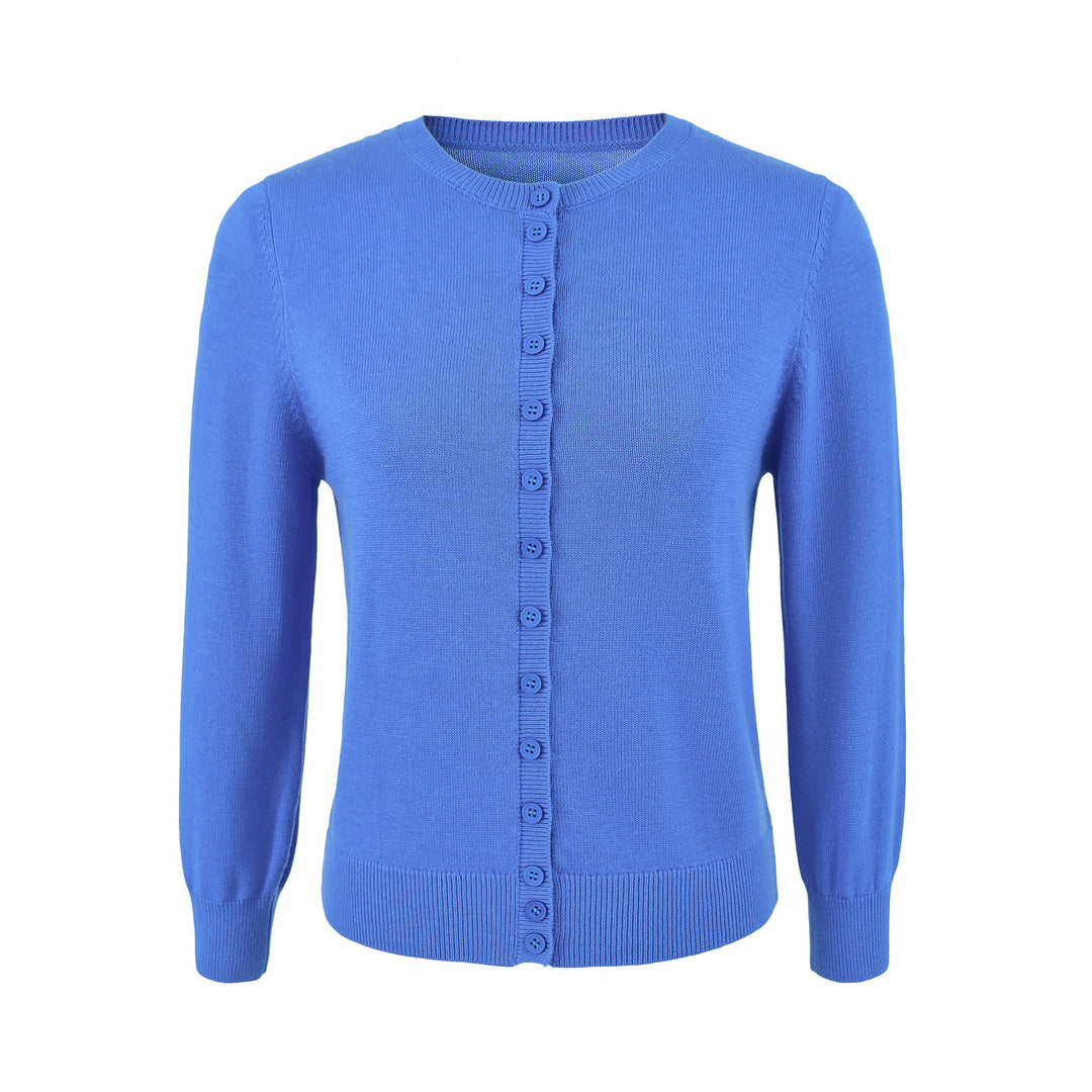 Damen Fein gestrickte Rundhals-Strickjacke mit Knopfleiste und Rippbündchen Echoarchiv