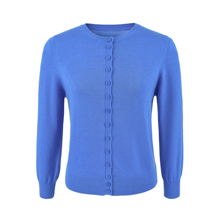 Damen Fein gestrickte Rundhals-Strickjacke mit Knopfleiste und Rippbündchen Echoarchiv