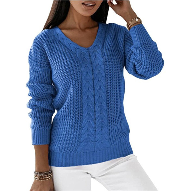 Damen nan grob gestrickter V-Ausschnitt Pullover mit Zopfmuster und lockerer Silhouette Echo Archiv