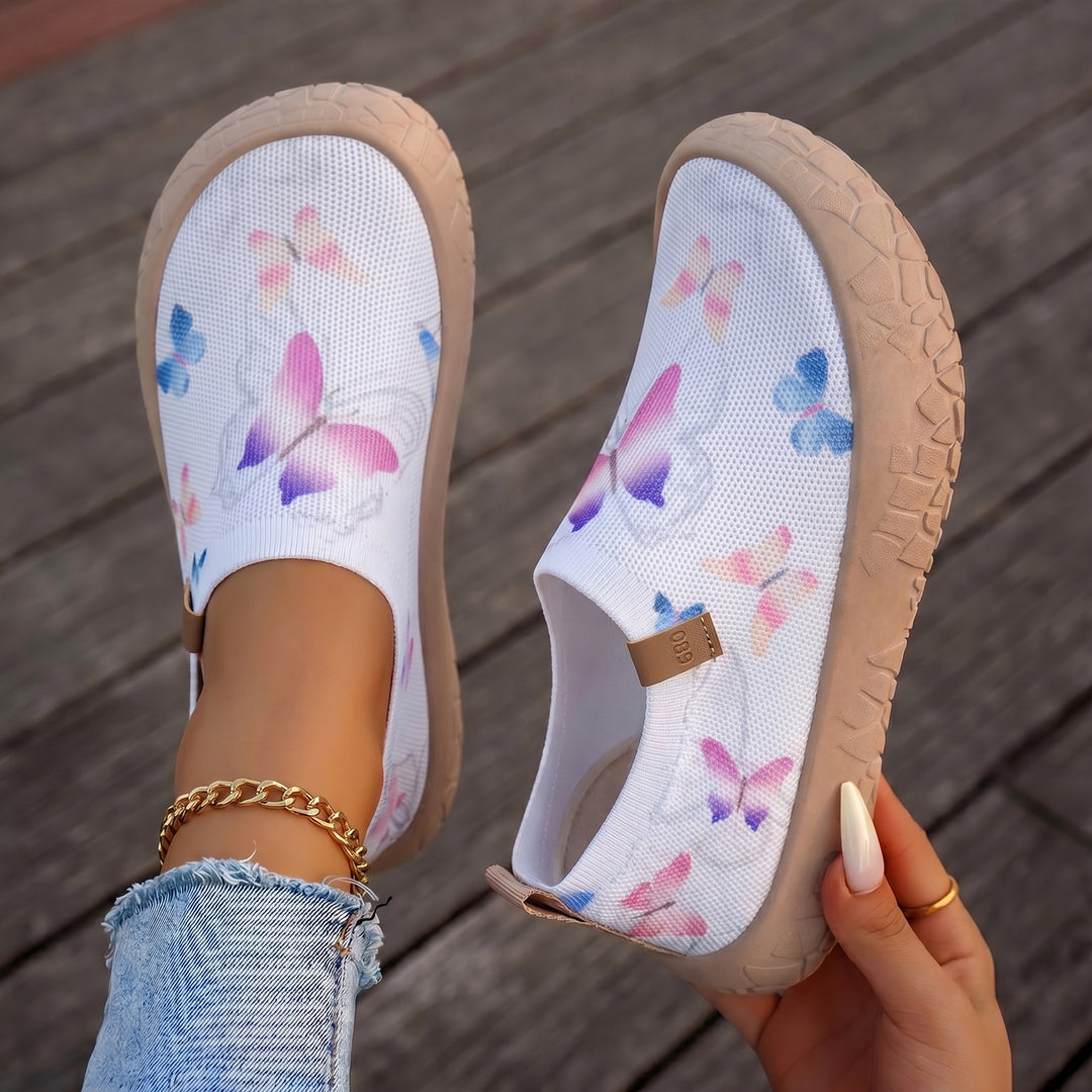 Damen nan atmungsaktiver Strick-Slipper mit Aquarell-Schmetterlingsprint und griffiger Outdoorsohle Echo Archiv