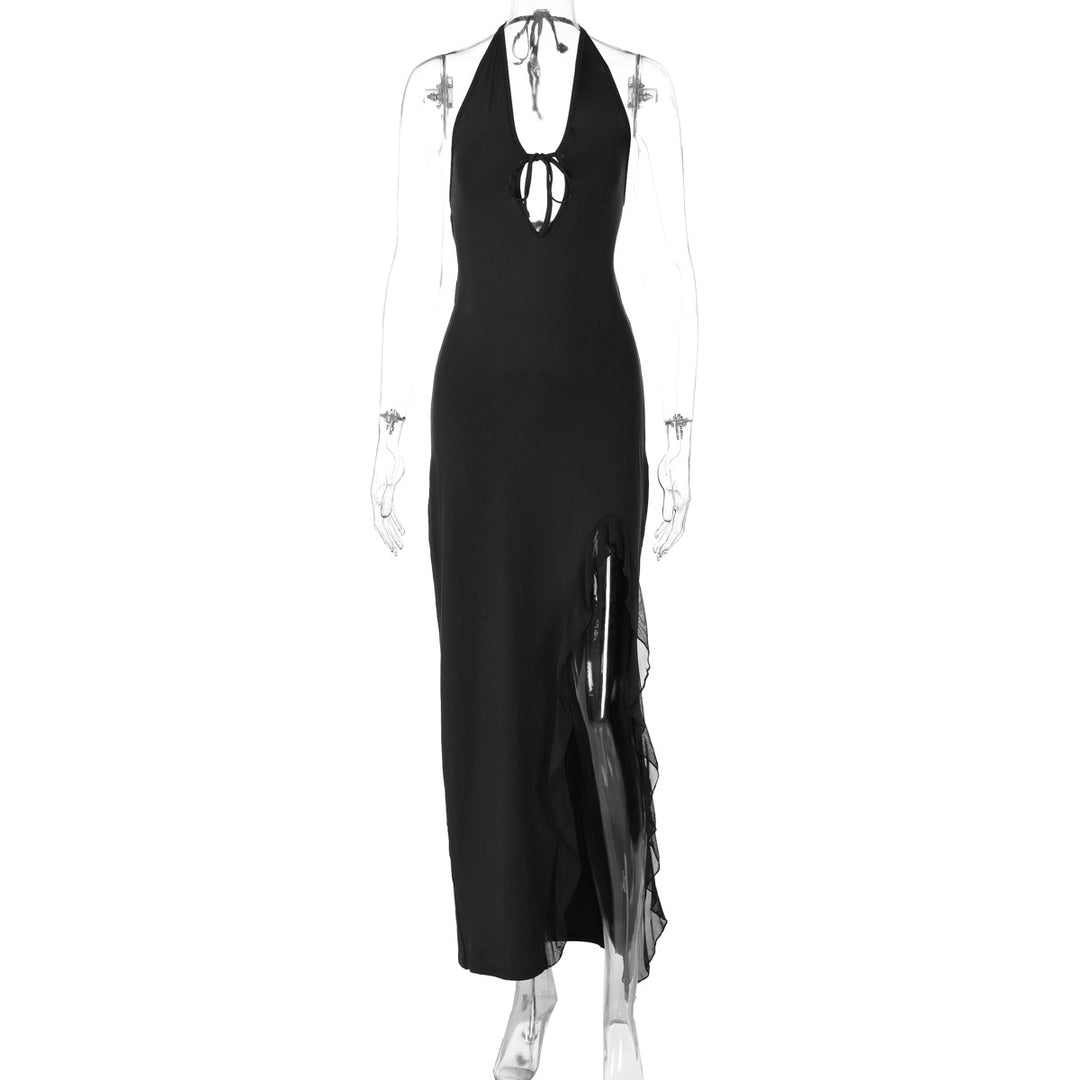 Damen elegantes Halterneck Maxikleid mit seitlichem Rüschen-Schlitz und tiefem V-Ausschnitt Echo Archiv