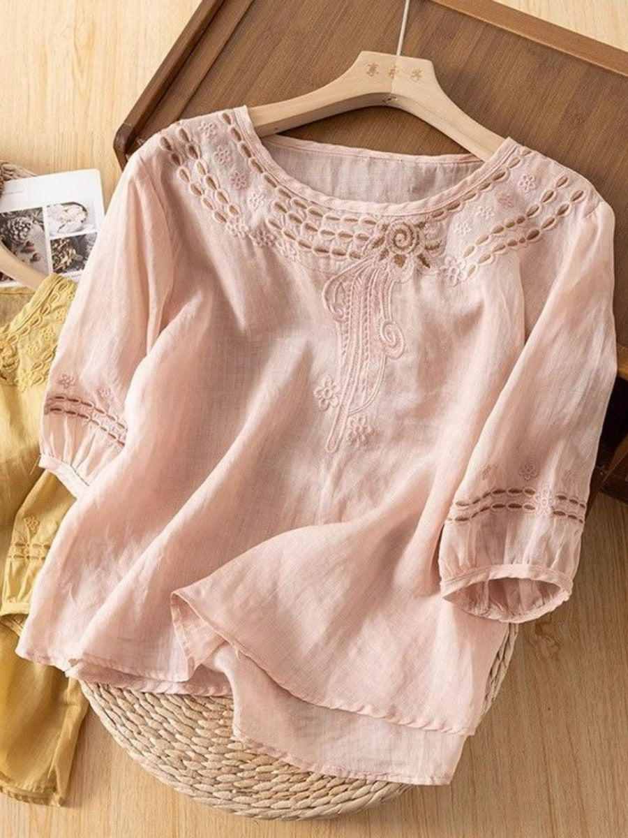 Damen Bestickte Leinenoptik-Bluse mit Rundhalsausschnitt und Dreiviertelärmeln – Élovi