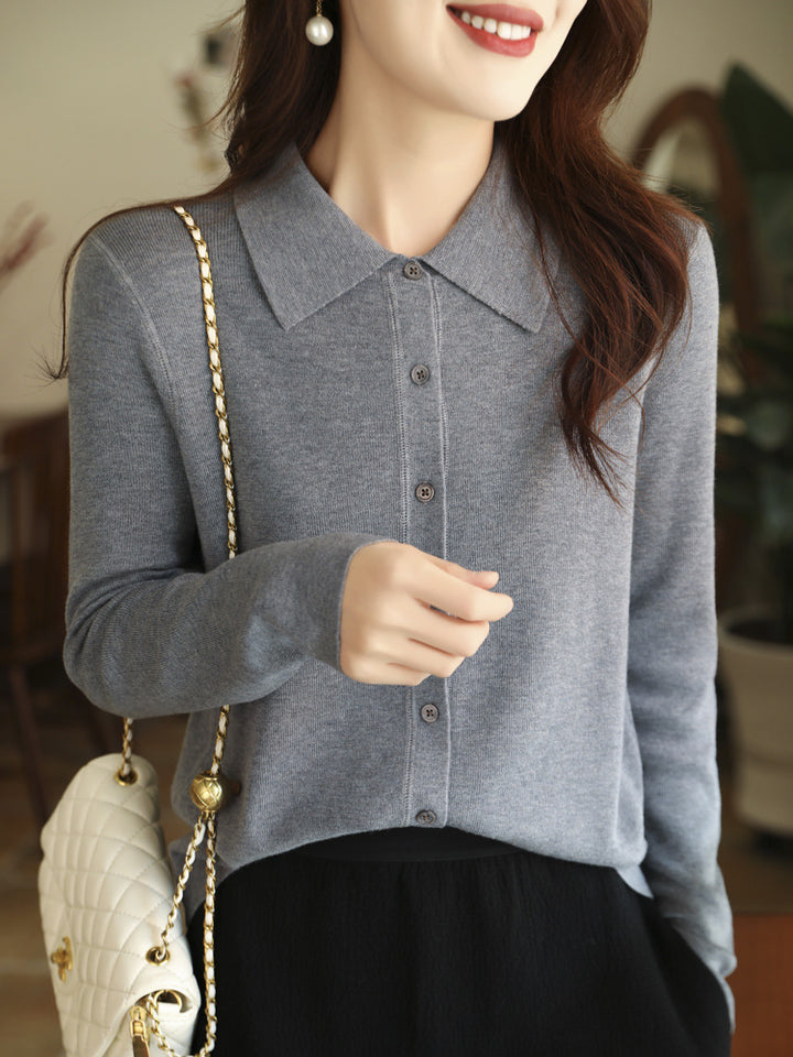 Damen Leichter Feinstrick-Cardigan mit Polokragen und durchgehender Knopfleiste Echoarchiv