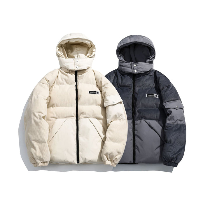 Damen Cord-Stepp-Pufferjacke mit Kapuze und Utility-Ärmeltasche Echoarchiv