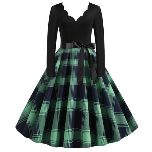 Damen Retro‑Swingkleid mit gezacktem Herzausschnitt, tailliertem Langarmoberteil und karierter Tellerrock – Élara