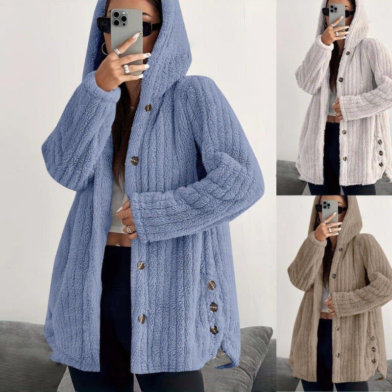 Damen Kapuzen-Teddy-Mantel mit Knopfleiste und Oversize-Schnitt Echo Archiv