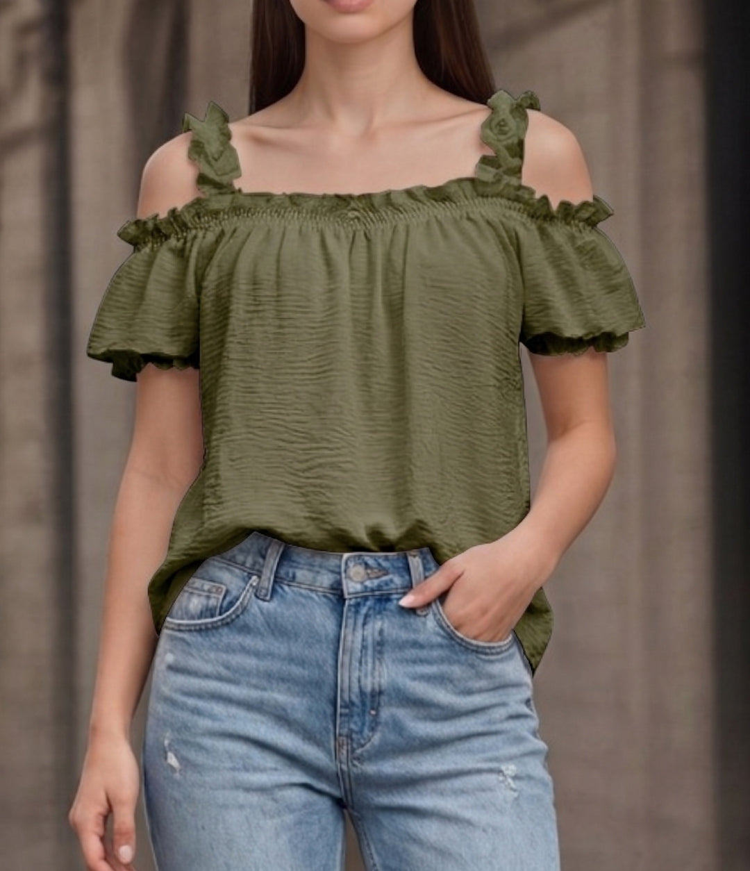 Damen Schulterfreies Crinkle-Top mit Smok-Bandeau, Rüschen‑Trägern und Flügelärmeln Echo Archiv