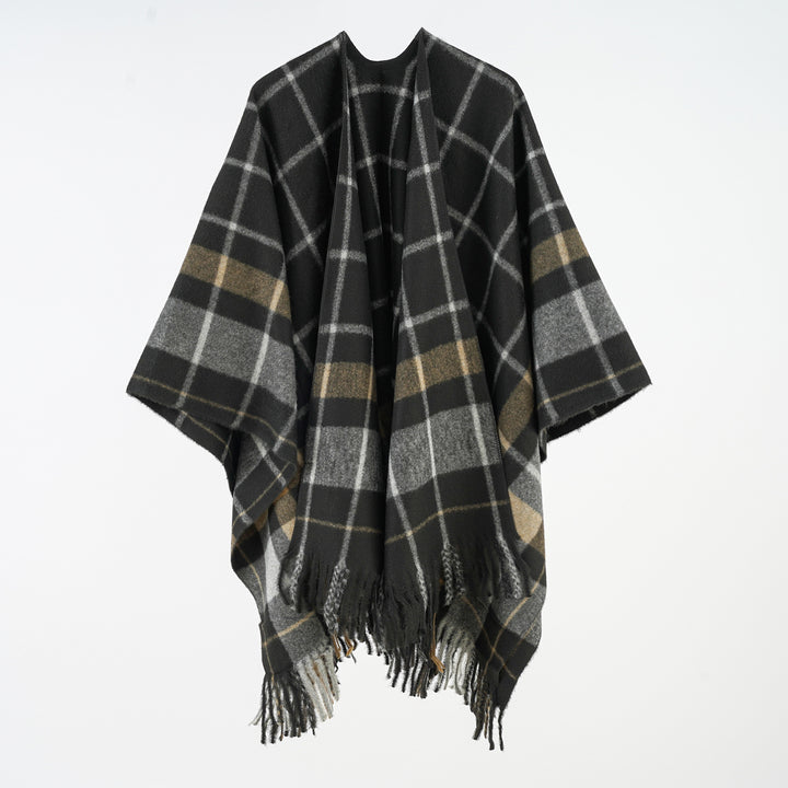 Damen Weicher Wollmix-Überwurfponcho im tartan-inspirierten Karo mit Fransen – Célinea