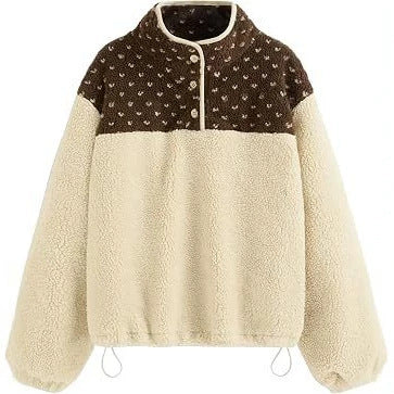 Damen Teddy-Fleece-Pullover mit Stehkragen, Druckknopfverschluss und Kordelzug – Mavelle