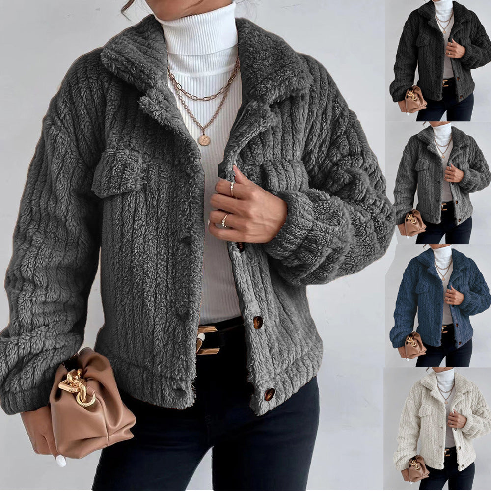 Damen nan kuschelige Teddyjacke mit Hemdkragen, Druckknopfverschluss und aufgesetzten Brusttaschen Echo Archiv