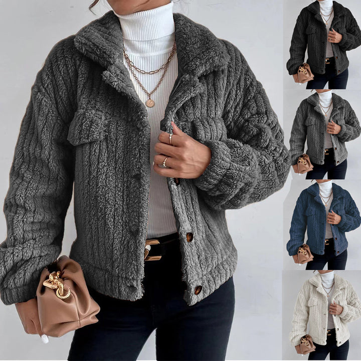 Damen nan kuschelige Teddyjacke mit Hemdkragen, Druckknopfverschluss und aufgesetzten Brusttaschen Echo Archiv