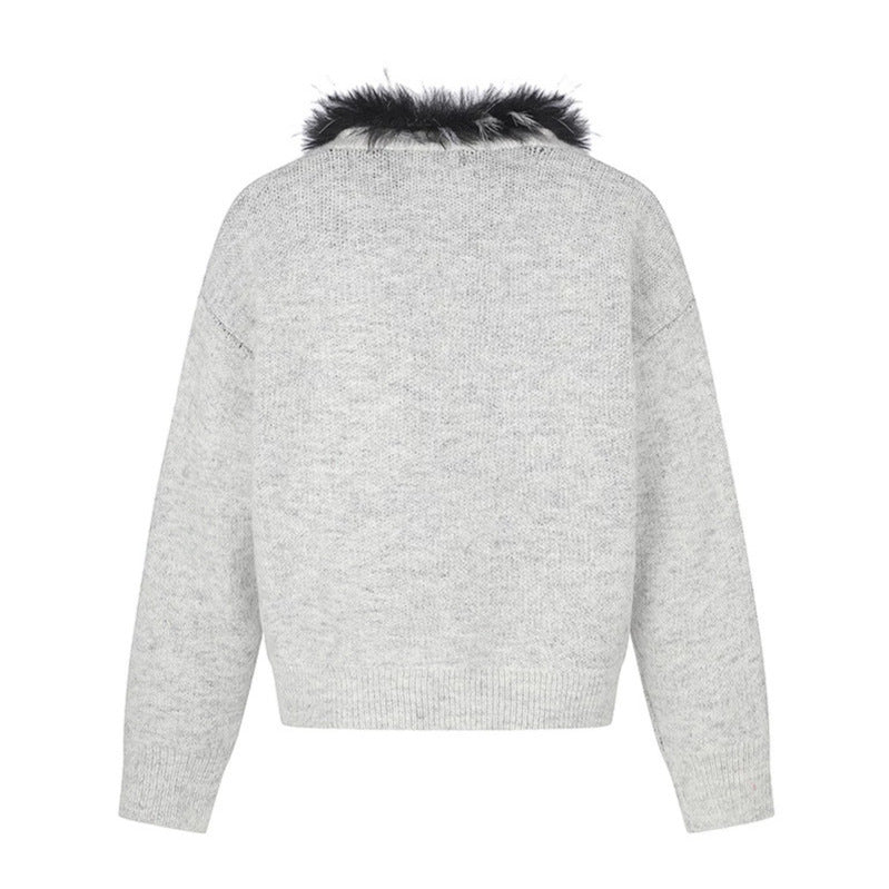 Damen Strickjacke mit Kunstfellkragen und illustrativem Hundemotiv Echoarchiv