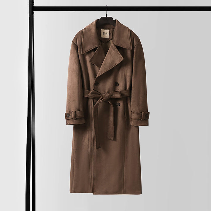 Herren Doppelreihiger Trenchcoat aus Velourslederimitat mit Taillengürtel und weitem Revers Echoarchiv