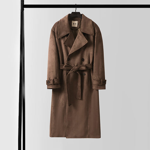 Herren Maxilanger Velours-Mantel im Trench-Look mit breitem Revers und Bindegürtel Echoarchiv