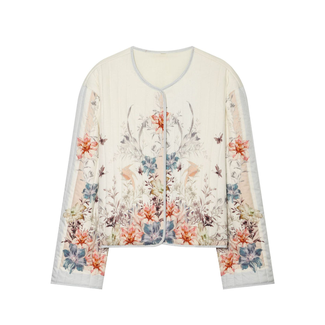 Damen Gepolsterte Cropped Jacke mit floralem Alloverprint und Rundhalsausschnitt Echo Archiv