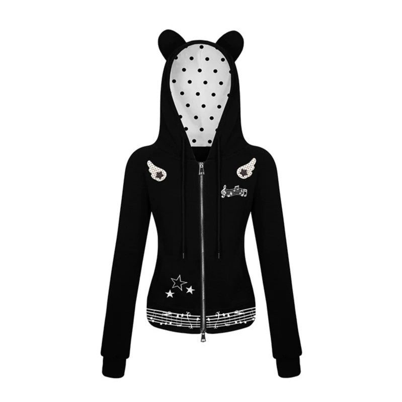 Damen Kapuzen-Sweatjacke mit Bärenohren, Reißverschluss, musikalischem Print und Polka-Lining Echoarchiv
