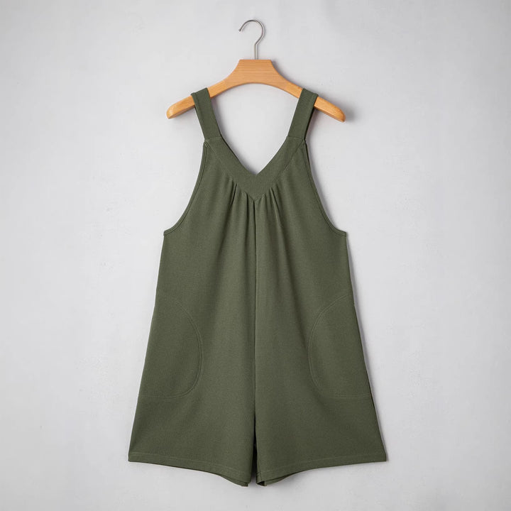 Damen Ärmelloser Waffel-Shorts-Overall mit V‑Ausschnitt und Eingrifftaschen – Solévia