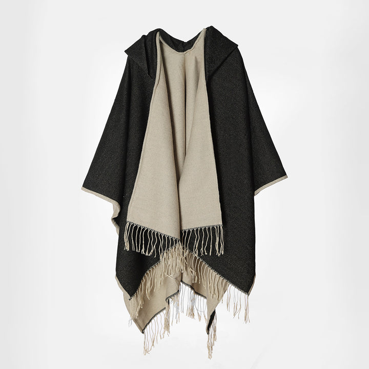 Damen Kapuzencape aus Wollmix mit Wendefunktion und Fransensaum – Montévia
