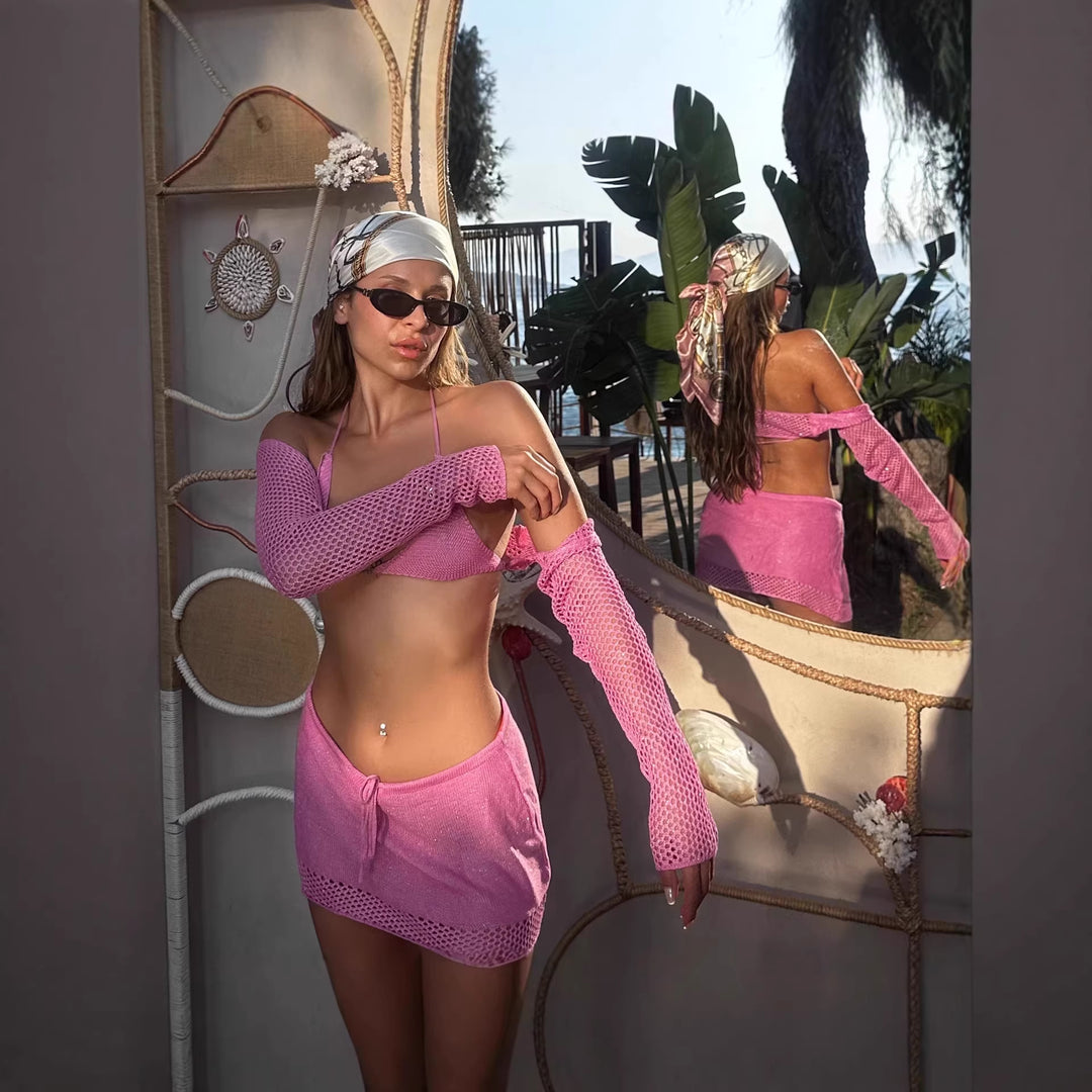 Damen Häkel-Bikini-Set mit langem Arm und passendem Rock Echo Archiv