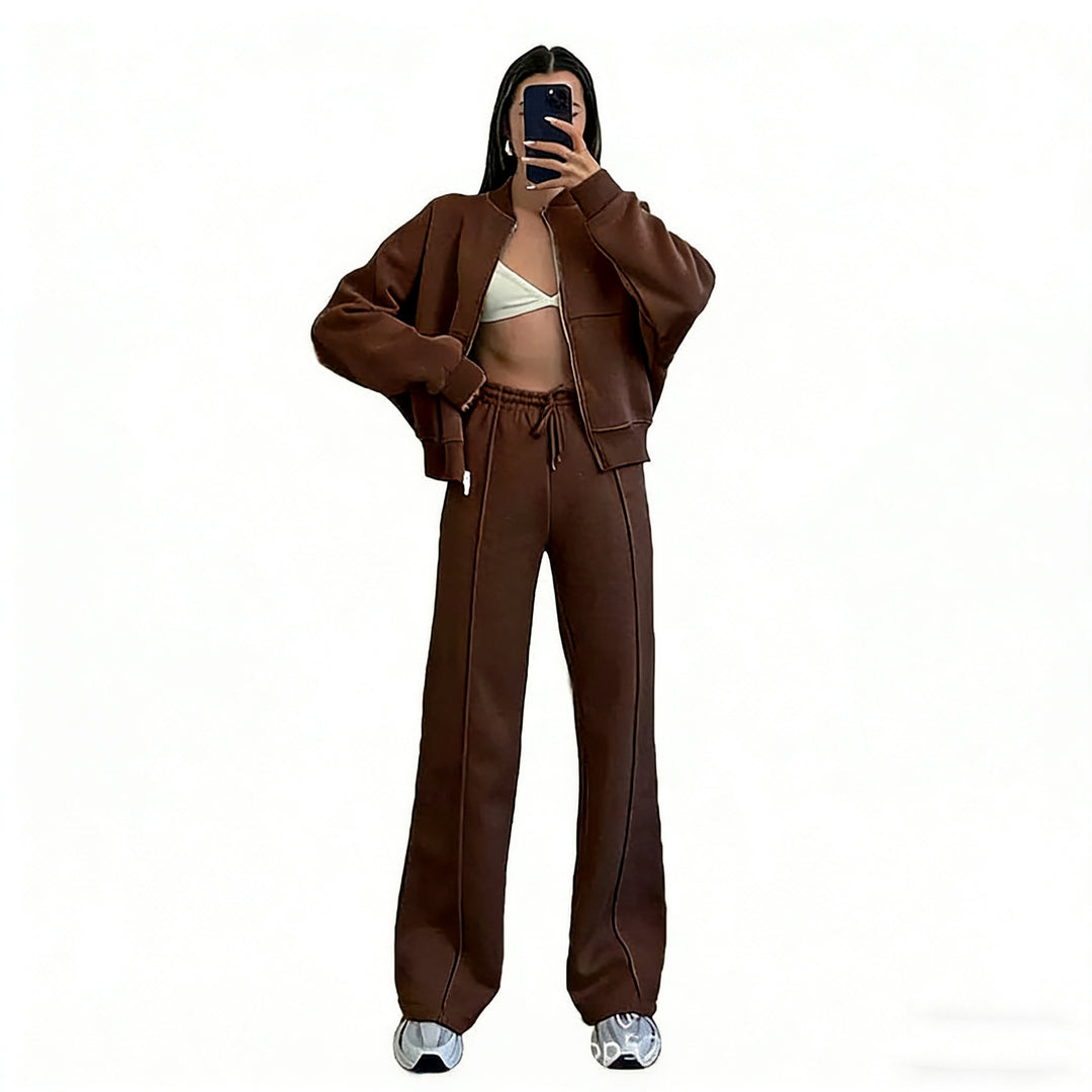 Damen nan kurz geschnittenes Blouson mit Reißverschluss und weiter High-Waist Jogginghose Set Echo Archiv