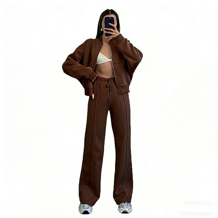 Damen nan kurz geschnittenes Blouson mit Reißverschluss und weiter High-Waist Jogginghose Set Echo Archiv