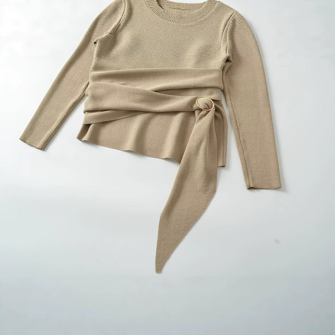 Damen Wickel-Strickpullover mit V‑Ausschnitt und Ziergürtel Echo Archiv