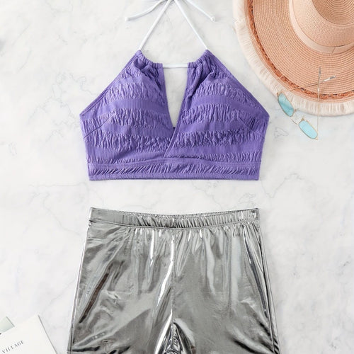 Damen Bikini-Set mit floralem Oberteil und hochglänzenden Shorts Echo Archiv