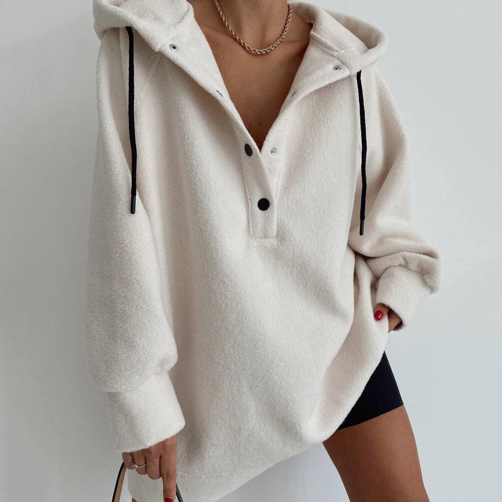 Damen nan kuscheliges Kapuzen-Fleece-Tunika-Sweatshirt mit Druckknopfleiste und überschnittener Schulter Echo Archiv