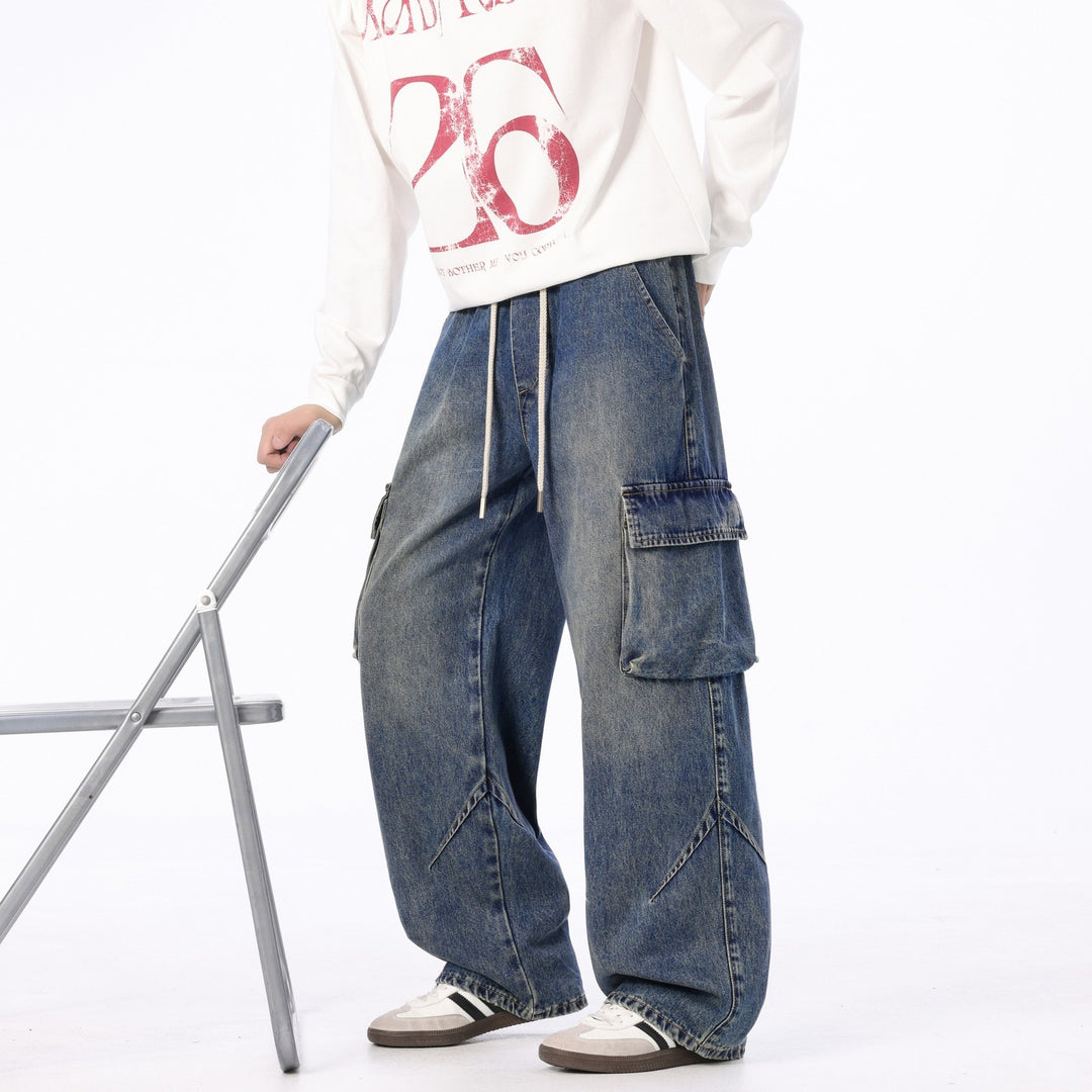 Herren Weite Cargo-Denimhose mit Tunnelzug, Used‑Waschung und Oversize‑Passform Echo Archiv