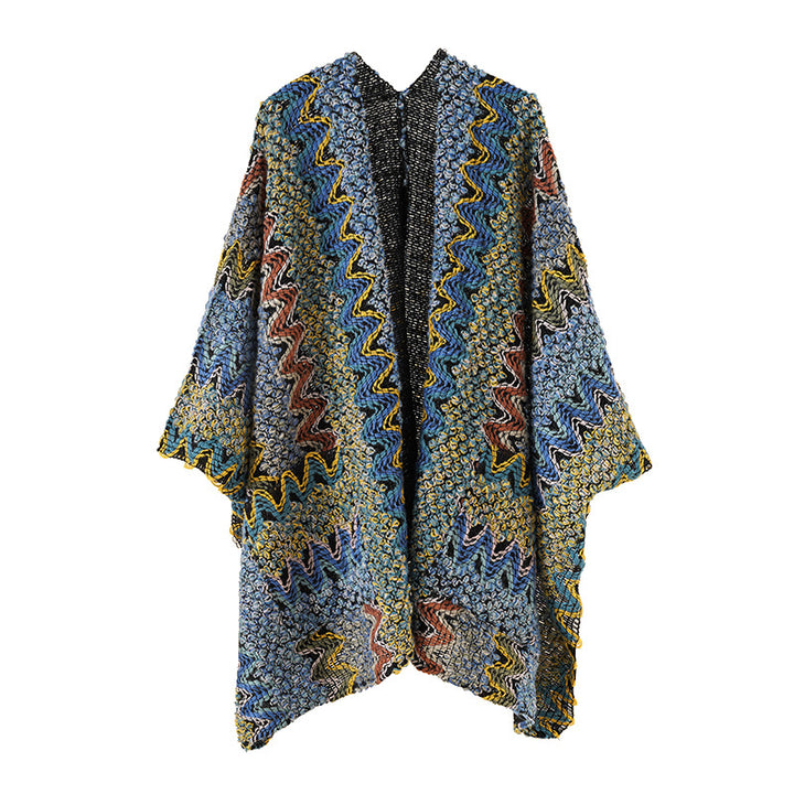 Damen Grobgestrickter Ethno-Ruana-Poncho mit Zickzack‑Jacquard und offenem Fall Echo Archiv