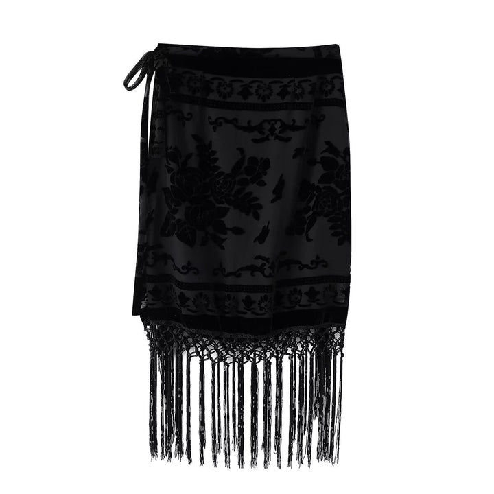 Damen eleganter Samtrock mit fransenverzierten Details und seitlichem Bindegürtel Echo Archiv