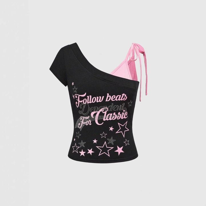 Damen Trendiges Off-Shoulder Top mit beeindruckendem Grafikdesign Echo Archiv